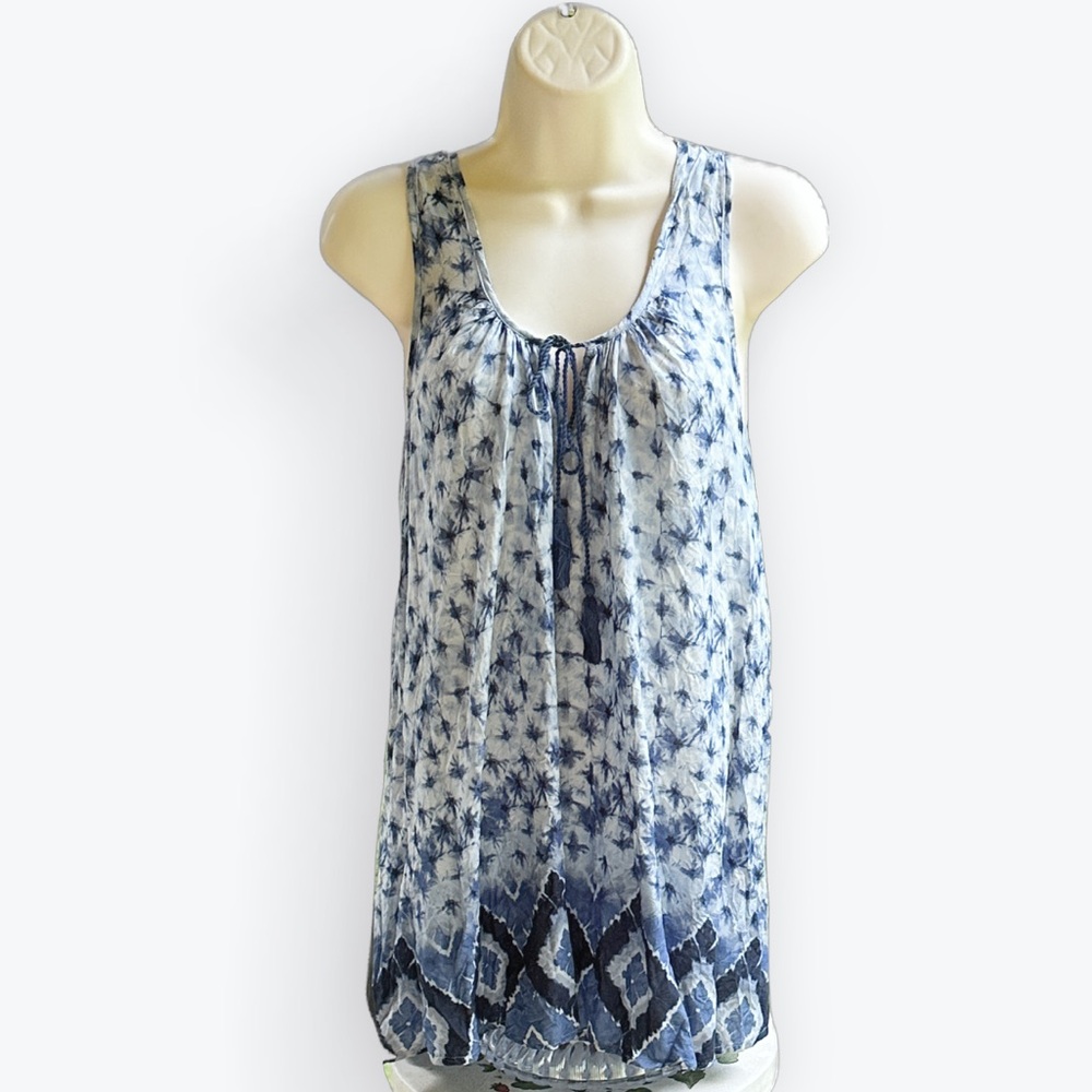 Beachy Boho Blue “Batik” Euro Girl Summer Vacation Romantic Tasseled Swing Top~L
